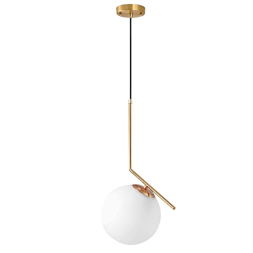 HJXDtech Moderne weiße Glaskugel Pendelleuchte, Gold Metall Loft Bar Hängelampe Küche Wohn- & Esszimmer Kronleuchter Deckenleuchte (1-Licht) von HJXDtech