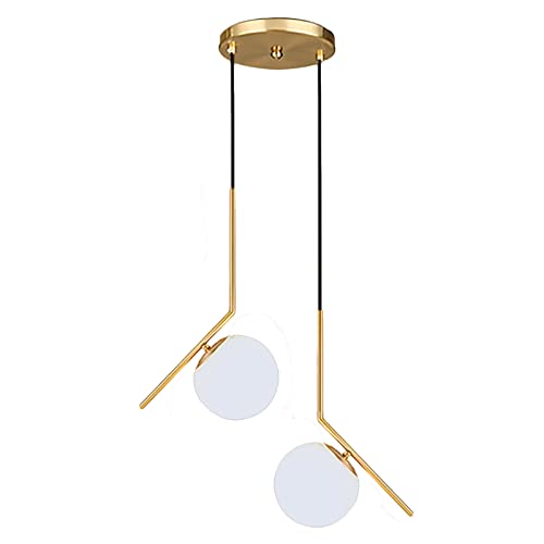HJXDtech Moderne weiße Glaskugel Pendelleuchte, Gold Metall Loft Bar Hängelampe Küche Wohn- & Esszimmer Kronleuchter Deckenleuchte (2-Lichter) von HJXDtech