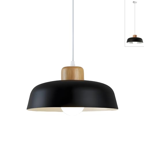 HJXDtech Moderner Minimalismus Pendelleuchte, E27 Holz Lampenfassung, 30cm Schwarz Metall Lampenschirm, Höhenverstellbar LED Hängelampe für Küche Schlafzimmer Esstisch von HJXDtech
