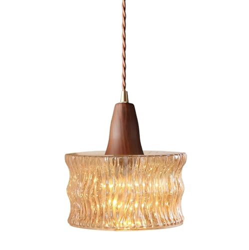HJXDtech Vintage Pendelleuchte mit 17cm Glasschirm & Nussbaumholz-Optik, Höhenverstellbare E27 Glas Hängelampe für Wohnzimmer, Schlafzimmer & Küche (Bernstein) von HJXDtech