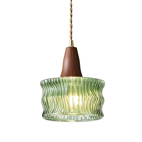 HJXDtech Vintage Pendelleuchte mit 17cm Glasschirm & Nussbaumholz-Optik, Höhenverstellbare E27 Glas Hängelampe für Wohnzimmer, Schlafzimmer & Küche (Grün) von HJXDtech