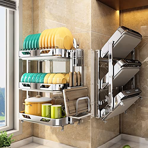 Edelstahl Wandmontage Drain Rack Geschirrkorb, Klappbarer Küchengeschirrständer,multifunktional Küchenutensilienhalter Mit Abtropfschale, 3-stufiges Geschirr Abtropfständer, Silber 1 Stück Geschirrabt von HJXGQJM