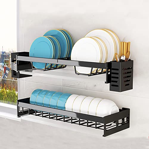 Edelstahl Wandmontage Drain Rack Geschirrkorb,multifunktional Küchenutensilienhalter Mit Abtropfschale, Geschirrablage Küche Abtropfgestell, 2-stufiges Geschirr Abtropfständer, Schwarz Geschirrabtropf von HJXGQJM