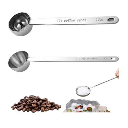 HJYDGJ 2 Stück Wiederverwendbar Runder Kaffeelöffel Kaffeemesslöffel aus Edelstahl Kaffeelöffel Kaffee Dosierlöffel Edelstahl Kaffeelöffel Kaffee Messlöffel mit langem Griff - 15ml / 30ml von HJYDGJ