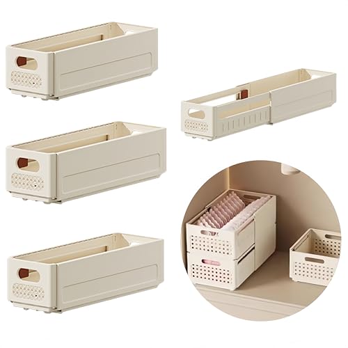 HJYDGJ 3 Stück Eng Aufbewahrung Bad Boxen Einziehbare Aufbewahrungsbox mit Griffen Organizer Box Schrank Organizer Schrank-Organizer Ordnungssystem für Schubladen Regal Kunststoffbox - Cremefarben von HJYDGJ