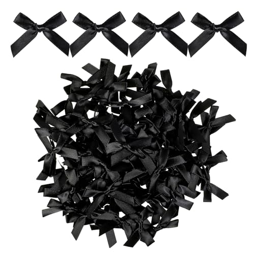 HJZHII 100 Stück Schwarze Schleifen Deko,4.3x4.3cm Schwarze Schleife,Satinschleifen Kleine Schleifen Aus Satinband Blumen Applikationen DIY Handwerk Deko für Hochzeit Taufe Kommunion Streudeko von HJZHII