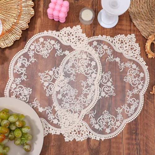 HJZHII 2 Stück Spitzendeckchen, Retro Spitzen Platzsets, Jacquard Runddeckchen, Häkelstickerei Tischmatten, Rustikale Tischdekoration für Küche, Esszimmer, Hochzeitsfeier Dekor Möbelzimmer(Aprikose) von HJZHII