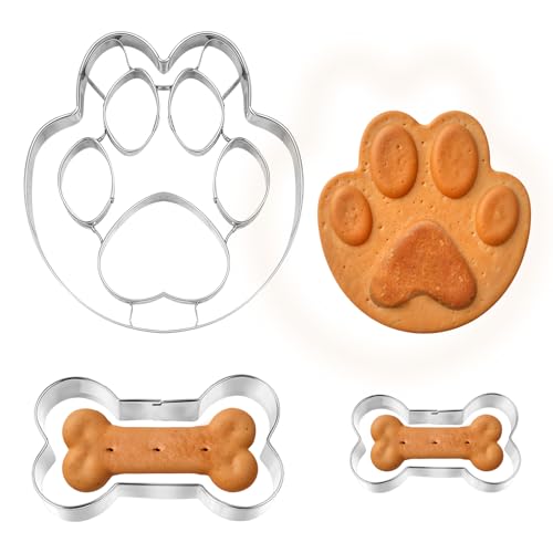 HJZHII 3 Stück Ausstechformen Set, Keksausstecher aus Edelstahl Plätzchenausstecher Waffeleisen Kuchen Deko Torte Paw Ausstecher Hundepfote Großer Knochen Kleiner Knochen für Plätzchen Kekse von HJZHII