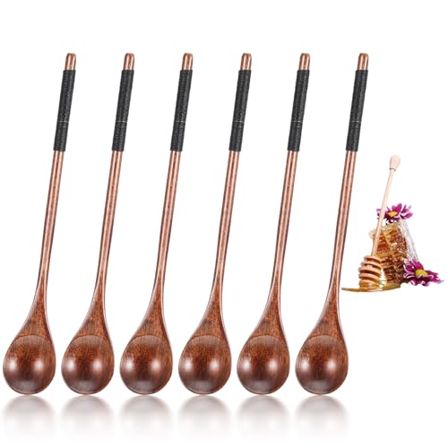 HJZHII 6 Stück Holzlöffel Honig,Holzlöffel Set,Holz Löffel Lange Griff Holzlöffel Suppenlöffel Kaffee Tee Marmelade Löffel Kaffeelöffel Teelöffel Handgefertigtem Umrühren Cocktail Dessert Eiscreme von HJZHII
