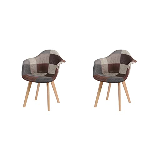 HJhomeheart 2er Esszimmerstühle aus Patchwork-Stoff mit Armlehnen, Moderner Design-Sessel, Skandinavischer Küchenstuhl aus Buchenholz (Brun) von HJhomeheart