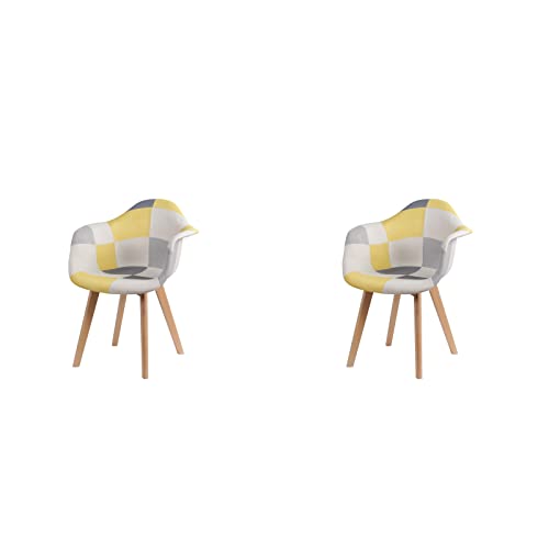 HJhomeheart 2er Esszimmerstühle aus Patchwork-Stoff mit Armlehnen, Moderner Design-Sessel, Skandinavischer Küchenstuhl aus Buchenholz (Gelb) von HJhomeheart