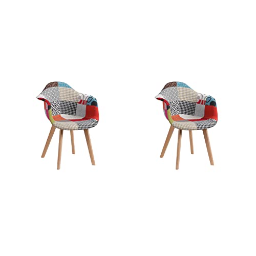 HJhomeheart 2er Esszimmerstühle aus Patchwork-Stoff mit Armlehnen, Moderner Design-Sessel, Skandinavischer Küchenstuhl aus Buchenholz (Rot) von HJhomeheart