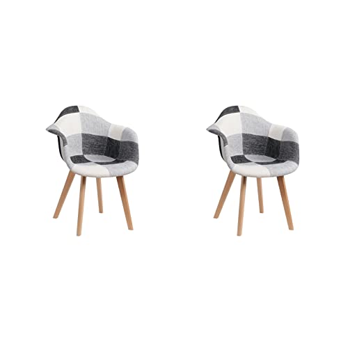 HJhomeheart 2er Esszimmerstühle aus Patchwork-Stoff mit Armlehnen, Moderner Design-Sessel, Skandinavischer Küchenstuhl aus Buchenholz (Schwarz+Weiß+Grau) von HJhomeheart
