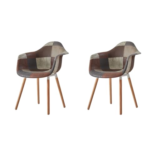 HJhomeheart 2er Esszimmerstühle aus Patchwork-Stoff mit Armlehnen, moderner Design-Sessel, skandinavischer Küchenstuhl aus Buchenholz (A5-Braun) von HJhomeheart