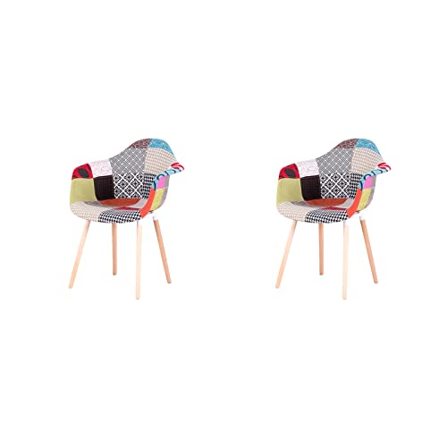 HJhomeheart 2er Esszimmerstühle aus Patchwork-Stoff mit Armlehnen, moderner Design-Sessel, skandinavischer Küchenstuhl aus Buchenholz (A5-Rot) von HJhomeheart
