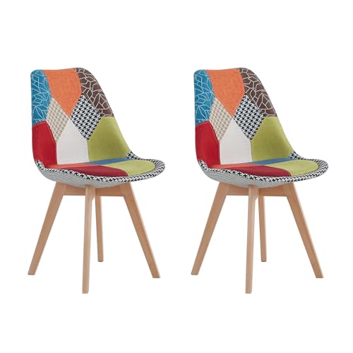 HJhomeheart 2er-Set Esszimmerstühle aus Patchworkstoff mit Beinen aus Massivholz, gepolsterte Esszimmerstühle für Esszimmer, Wohnzimmer, Küche (Rot-Neu) von HJhomeheart