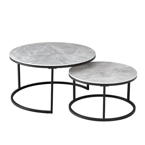 HJhomeheart 2er-Set Marmor-Couchtische mit Grauer Marmorplatte und Schwarzem Metallgestell, Moderner Runder Beistelltisch fürs Wohnzimmer – 80 x 80 x 45 cm von HJhomeheart