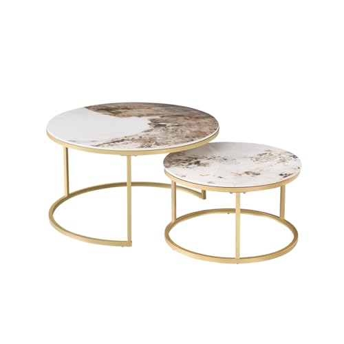 HJhomeheart 2er-Set Marmor-Couchtische mit Pandora-Marmorplatte und Goldenem Metallgestell, Moderner Runder Beistelltisch fürs Wohnzimmer – 80 x 80 x 45 cm HJhomeheart 2er-Set Marmor-Couchtische mit Pandora-Marmorplatte und Goldenem Metallgestell, Moderner Runder Beistelltisch fürs Wohnzimmer – 80 x 80 x 45 cm von HJhomeheart