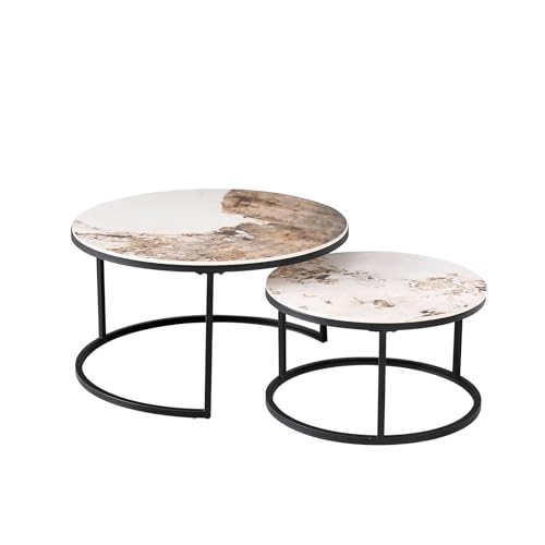 HJhomeheart 2er-Set Marmor-Couchtische mit Pandora-Marmorplatte und Schwarzem Metallgestell, Moderner Runder Beistelltisch fürs Wohnzimmer – 70 x 70 x 45 cm HJhomeheart 2er-Set Marmor-Couchtische mit Pandora-Marmorplatte und Schwarzem Metallgestell, Moderner Runder Beistelltisch fürs Wohnzimmer – 70 x 70 x 45 cm von HJhomeheart