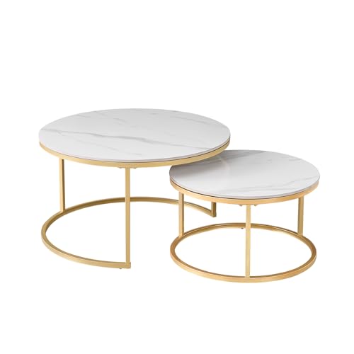 HJhomeheart 2er-Set Marmor-Couchtische mit Weißer Marmorplatte und Goldenem Metallgestell, Moderner Runder Beistelltisch fürs Wohnzimmer – 80 x 80 x 45 cm HJhomeheart 2er-Set Marmor-Couchtische mit Weißer Marmorplatte und Goldenem Metallgestell, Moderner Runder Beistelltisch fürs Wohnzimmer – 80 x 80 x 45 cm von HJhomeheart