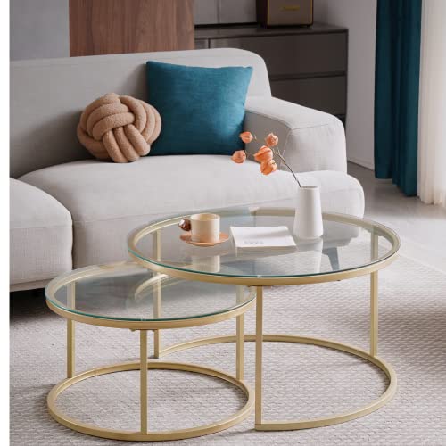 HJhomeheart 2er Set runde Couchtische Couchtische Groß: 60 x 60 x 45 cm Klein: 40 x 40 x 35 cm, Couchtisch Rund(Gold und Glas) von HJhomeheart