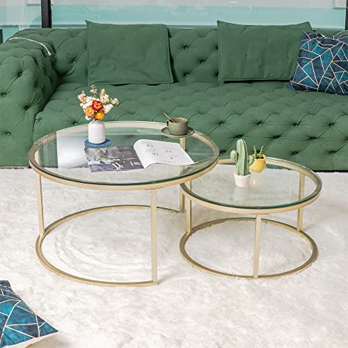 HJhomeheart 2er Set runde Couchtische Couchtische Groß: 80 x 80 x 45 cm Klein: 60 x 60 x 35 cm, Couchtisch Rund(Gold und Glas) von HJhomeheart