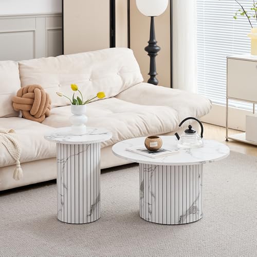 HJhomeheart 2er-Set runder, stapelbarer Couchtisch im Trommelstil für Wohnzimmer, Schlafzimmer, Balkon und Büro, Mid-Century Modern Style, Marmorader HJhomeheart 2er-Set runder, stapelbarer Couchtisch im Trommelstil für Wohnzimmer, Schlafzimmer, Balkon und Büro, Mid-Century Modern Style, Marmorader von HJhomeheart