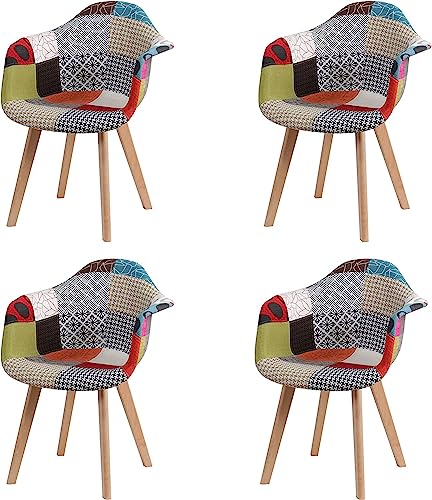 HJhomeheart 4er Esszimmerstühle aus Patchwork-Stoff mit Armlehnen, Moderner Design-Sessel, Skandinavischer Küchenstuhl aus Buchenholz (Rot) von HJhomeheart