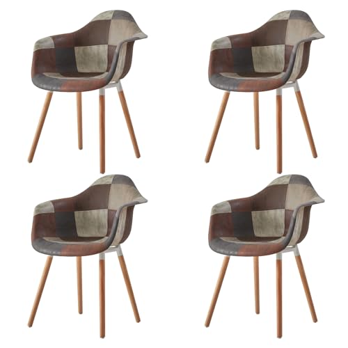 HJhomeheart 4er Esszimmerstühle aus Patchwork-Stoff mit Armlehnen, moderner Design-Sessel, skandinavischer Küchenstuhl aus Buchenholz (A5-Braun) von HJhomeheart