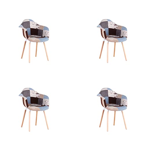 HJhomeheart 4er Esszimmerstühle aus Patchwork-Stoff mit Armlehnen, moderner Design-Sessel, skandinavischer Küchenstuhl aus Buchenholz (A5-Brun) von HJhomeheart
