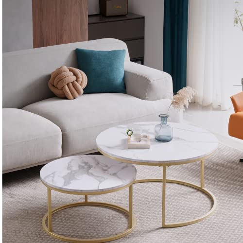 HJhomeheart Couchtisch Rund 2er Set Couchtisch Groß: 80 x 80 x 45 cm Klein: 60 x 60 x 35 cm, Tisch Gold weiß (weiß und Gold) von HJhomeheart