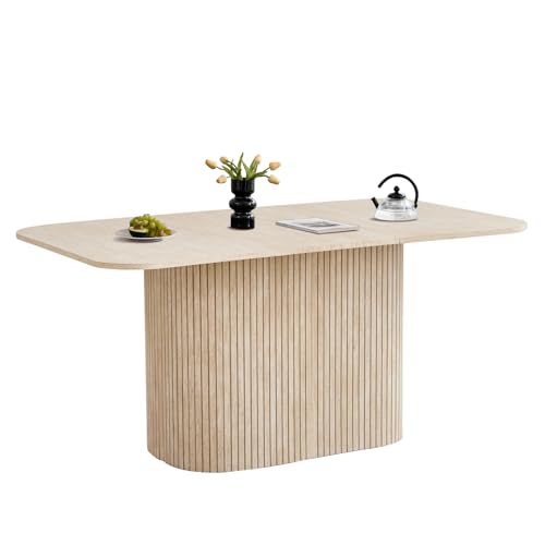HJhomeheart GrandCA Home Rechteckiger Esstisch, Moderne MDF-Tischplatte, Nordischer Küchentisch, Lattenrost-Design, Passend für Wohn- und Esszimmer, Gelber Travertin von HJhomeheart