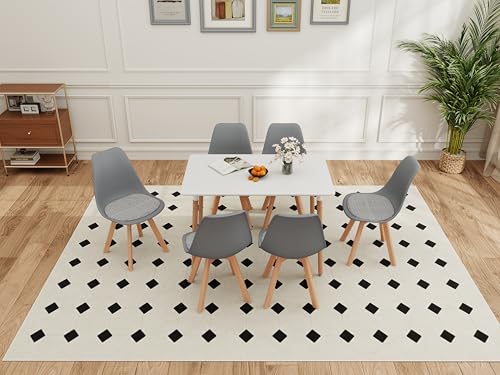 HJhomeheart Rechteckiger Esstisch mit 6 Esszimmerstühlen, Massivholzbeinen, MDF-Tischplatte, Geeignet Für Esszimmer, Küche, Wohnzimmer （Grau+ schwarz-weiß Kariertes Kissen） von HJhomeheart