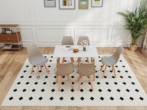 HJhomeheart Rechteckiger Esstisch mit 6 Esszimmerstühlen, Massivholzbeinen, MDF-Tischplatte, Geeignet Für Esszimmer, Küche, Wohnzimmer （Khaki+ schwarz-weiß Kariertes Kissen） von HJhomeheart