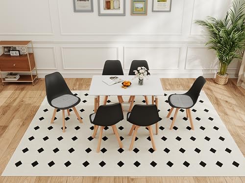 HJhomeheart Rechteckiger Esstisch mit 6 Esszimmerstühlen, Massivholzbeinen, MDF-Tischplatte, Geeignet Für Esszimmer, Küche, Wohnzimmer （Schwarz+ schwarz-weiß Kariertes Kissen） von HJhomeheart