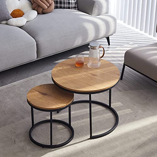 HJhomeheart Runde Satztische 2er Set, Couchtische, Groß: 60 x 60 x 45 cm, Klein: 40 x 40 x 35 cm, Hellbraun von HJhomeheart