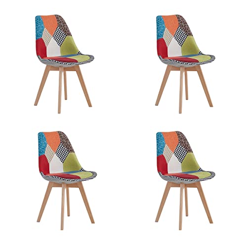 HJhomeheart Set aus 4 Esszimmerstühlen aus Patchwork-Stoff mit abnehmbarem Sitzkissen und Massivholzbeinen für Esszimmer, Wohnzimmer, Küche usw. (Rotes Patchwork) von HJhomeheart