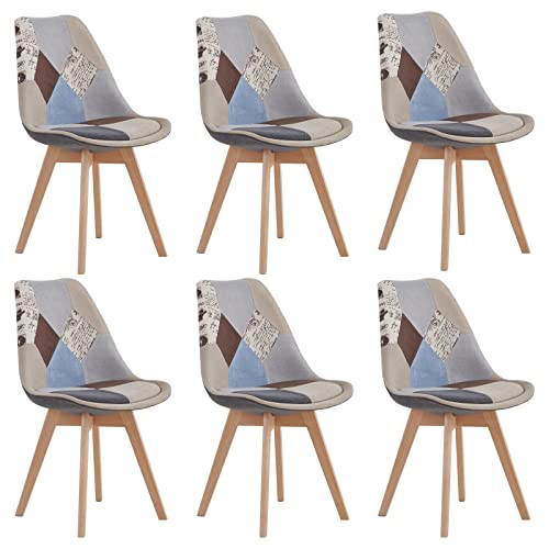 HJhomeheart Set aus 6 Esszimmerstühlen aus Patchwork-Stoff mit abnehmbarem Sitzkissen und Massivholzbeinen für Esszimmer, Wohnzimmer, Küche usw. (Patchwork Braun) von HJhomeheart