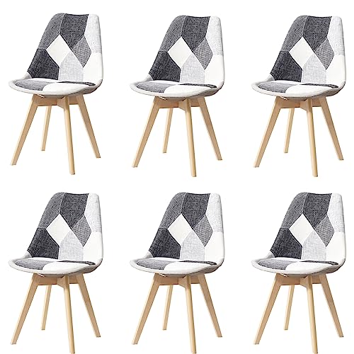 HJhomeheart Set aus 6 Esszimmerstühlen aus Patchwork-Stoff mit abnehmbarem Sitzkissen und Massivholzbeinen für Esszimmer, Wohnzimmer, Küche usw. (Patchwork Grau) von HJhomeheart