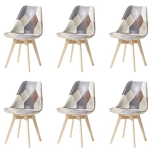 HJhomeheart Set aus 6 Esszimmerstühlen aus Patchwork-Stoff mit abnehmbarem Sitzkissen und Massivholzbeinen für Esszimmer, Wohnzimmer, Küche usw. (Patchwork Hellbraun) von HJhomeheart