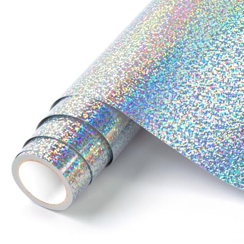 HKC Selbstklebendes Vinylfolie Plotter Lasersilber, 12" x 6ft Plotterfolie Vinyl Permanent Rolle für Alle Schneidemaschinen Selbstklebend Folie für Party Dekoration, Aufkleber, DIY Tasse von HKC