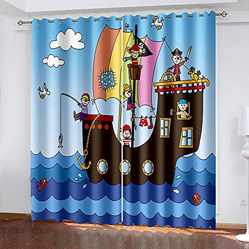 HKDGHTHJ Vorhang 2 Panel 200 X 214 cm Blau Meer Pirat Cartoon Verdunkelungsvorhänge Wärmeisoliert Mit Ösen Für Fenster Zimmer Schlafzimmer 3D Muster von HKDGHTHJ