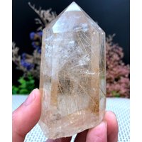 Seltene Große Klare Gold Rutil Einschlüsse Quarz Punkt/Kristall Turm/Gold Nadeln Kristall Exemplar/Besonderes Geschenk/Kristall Energie/Selbstständer von HKFossiltown