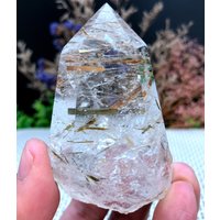 Seltene Klare Goldene Turmalin Einschlüsse Quarz Punkt/Kristallturm/Goldnadeln Kristallexemplar/Besonderes Geschenk/Kristallenergie/Meditation von HKFossiltown