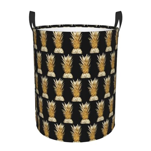 Bequemer runder Aufbewahrungskorb mit goldfarbenem Ananas-Druck, stehender Aufbewahrungskorb, schmutziger Wäschekorb, Mehrraum-Aufbewahrungslösung Bequemer runder Aufbewahrungskorb mit goldfarbenem Ananas-Druck, stehender Aufbewahrungskorb, schmutziger Wäschekorb, Mehrraum-Aufbewahrungslösung von HKHLHLH