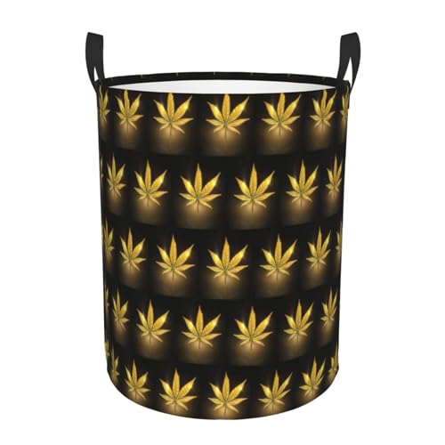 Goldener Cannabis-Druck, bequemer, runder Wäschekorb, stehender Aufbewahrungskorb, schmutziger Wäschekorb, Mehrraum-Aufbewahrungslösung Goldener Cannabis-Druck, bequemer, runder Wäschekorb, stehender Aufbewahrungskorb, schmutziger Wäschekorb, Mehrraum-Aufbewahrungslösung von HKHLHLH