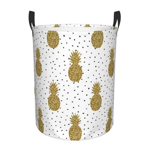 Goldener Glitzer-Ananas-Obst-Druck, bequemer, runder Korb, stehender Aufbewahrungskorb, schmutziger Wäschekorb, Mehrraum-Aufbewahrungslösung Goldener Glitzer-Ananas-Obst-Druck, bequemer, runder Korb, stehender Aufbewahrungskorb, schmutziger Wäschekorb, Mehrraum-Aufbewahrungslösung von HKHLHLH