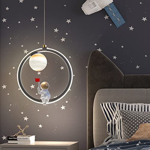 16W Kinderzimmer Lampen LED Pendelleuchte, Moderne Cartoon-Astronauten Hängeleuchte für Kinder Mond Deckenleuchte Schlafzimmerlampe 3000K-6000K Höhenverstellbar Pendellampe für Mädchen Jungen (A) von HKLY