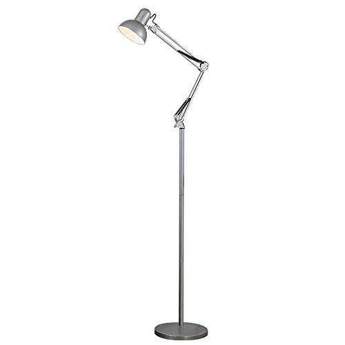 HKLY 7W LED Stehlampe, Standlampe Metall Leselampe Bett, Höhenverstellbar mit Gelenk-Arm klappbar, E27 Bodenlampe White Licht für Wohnzimmer Schlafzimmer Büro, Fußschalter,Silber von HKLY