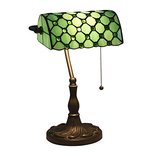 HKLY Retro Tiffany Lampen Schreibtischlampen, Antik Bankerlampe Aus Messing Mit Glasschirm Und Zugschalter, Vintage Nachttischlampe Tischlampe, Bürolampe, Bibliothekslampe E27 Max. 40W,Grün von HKLY